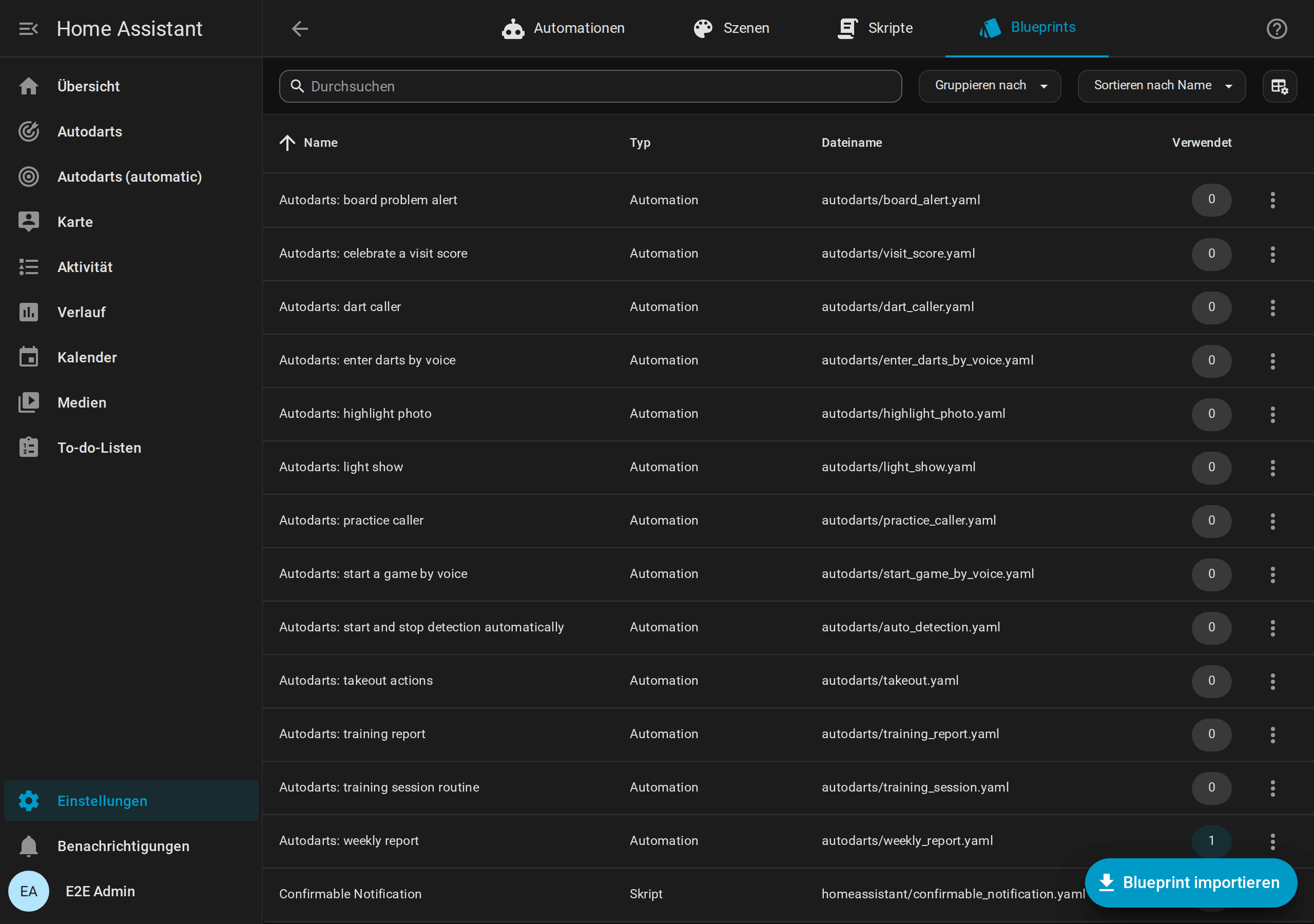 Die Blueprint-Seite von Home Assistant mit den dreizehn Autodarts-Blueprints, von der Warnung bei Board-Problemen bis zum Wochenbericht, und ihren Dateinamen