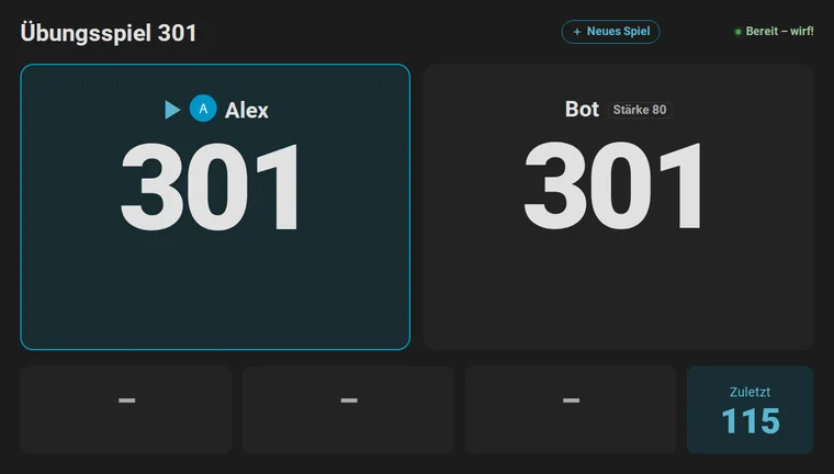 Animation: ein 301-Match gegen den Bot auf der Anzeigetafel. Alex wirft und zieht die Darts, die drei Darts des Bots landen nacheinander, und Alex ist wieder am Board