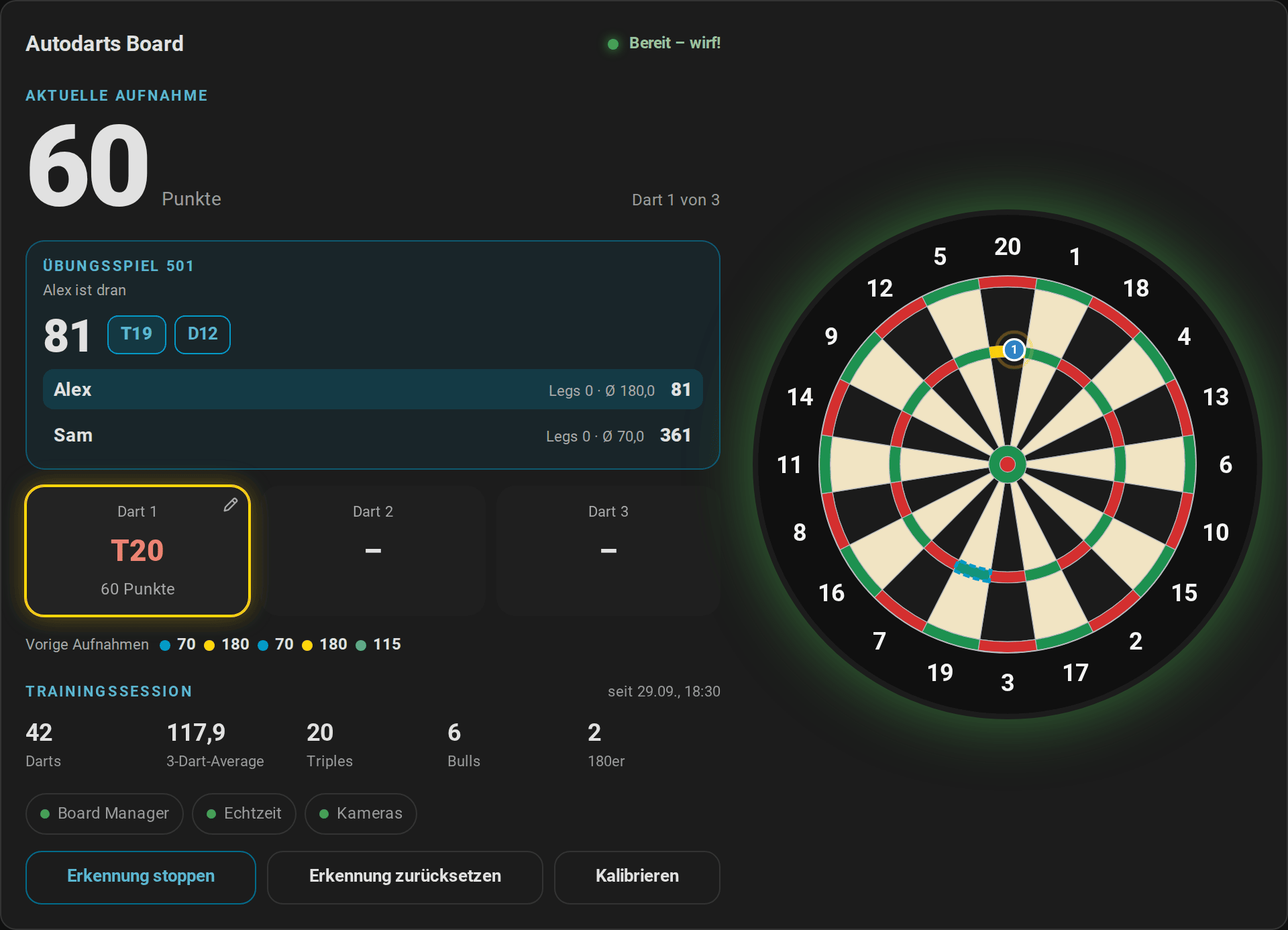 Live-Karte in einem 501-Match von Alex und Sam: Alex am Board mit 81 Rest und dem Weg T19 D12, Sam mit 361 Rest