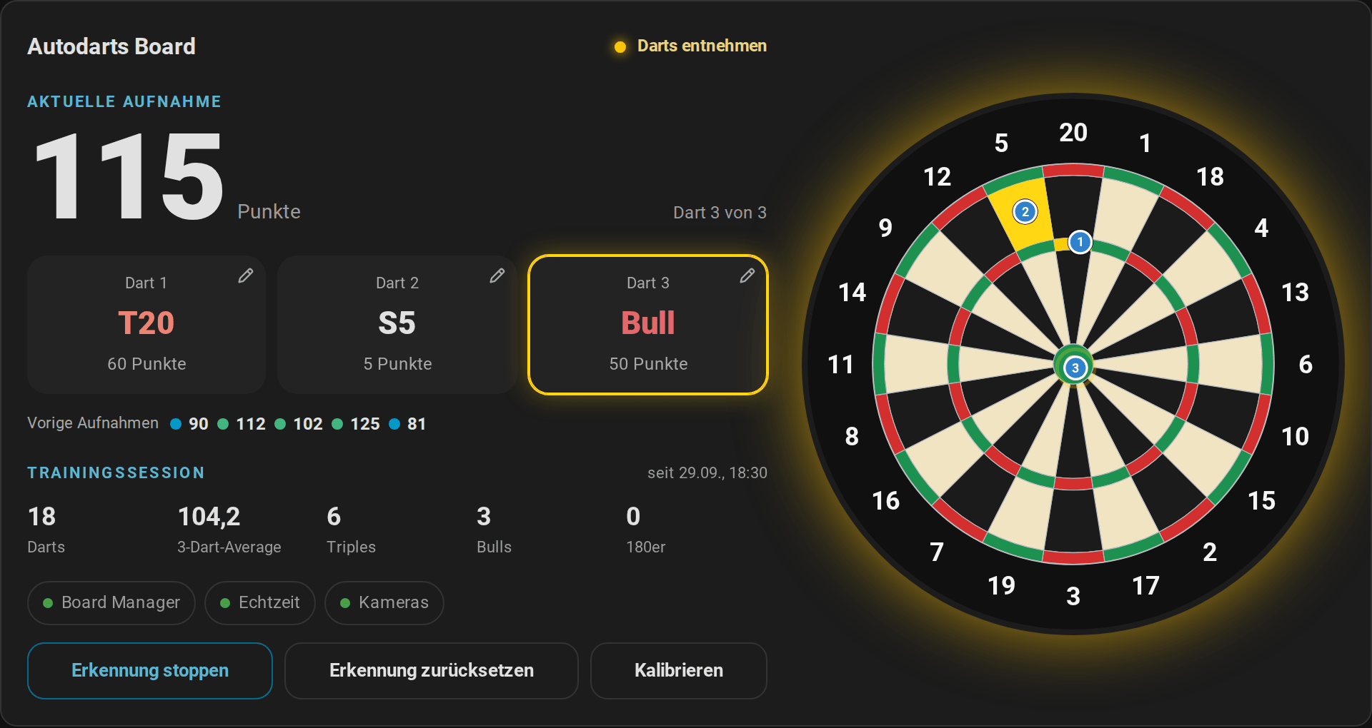 Live-Karte mit Aufnahmepunkten, Dart-Feldern, der Scheibe mit blinkenden Treffern, Statistik, Verbindungen und Steuerung