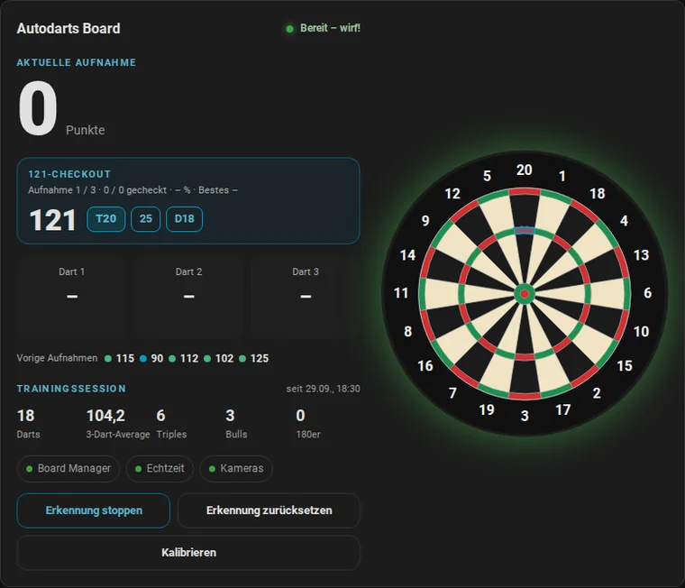 Animation: der 121-Checkout auf der Live-Karte. T20, S1 und S20 lassen 40 übrig, D20 in der zweiten Aufnahme ist der Game shot, und das Ziel steigt auf 122