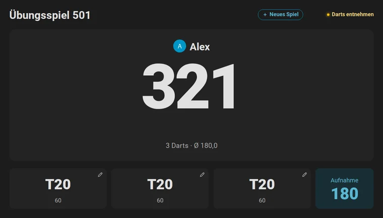 Animation: Das Board hat den zweiten Dart als T20 erkannt, 180 Punkte; ein Tipp darauf öffnet das Tastenfeld, Scheibe zeigt die Scheibe mit einem gestrichelten Ring, wo das Board den Dart gesehen hat, und ein Tipp auf das Single 20 darüber korrigiert die Aufnahme auf 140