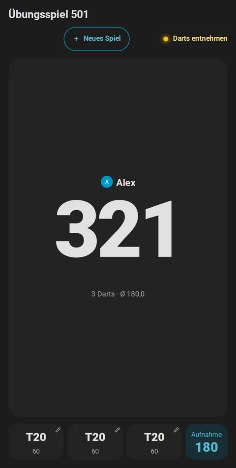 Animation auf einem Handy: Das Board hat den zweiten Dart als T20 erkannt, 180 Punkte; ein Tipp darauf und auf Scheibe öffnet die Scheibe vergrößert um den gestrichelten Ring, wo das Board ihn gesehen hat; ein Finger schiebt vom Ring nach oben, die Lupe darüber zeigt das Single 20 unter einem Kreuz, und wo der Finger loslässt, wird die Aufnahme zu 140
