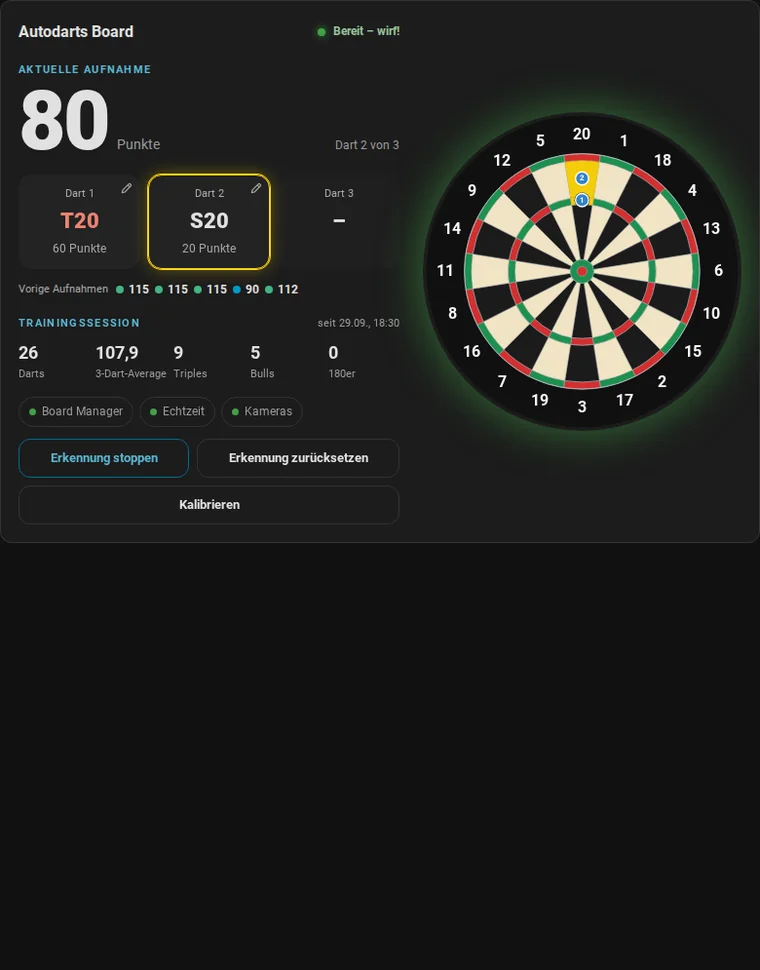 Animation: Die Live-Karte zeigt T20 und S20 für 80; ein Tipp auf den zweiten Dart mit seinem Stift öffnet das Tastenfeld unter den Darts, ein Tipp auf T und auf 20 korrigiert ihn, und die Aufnahme zeigt 120