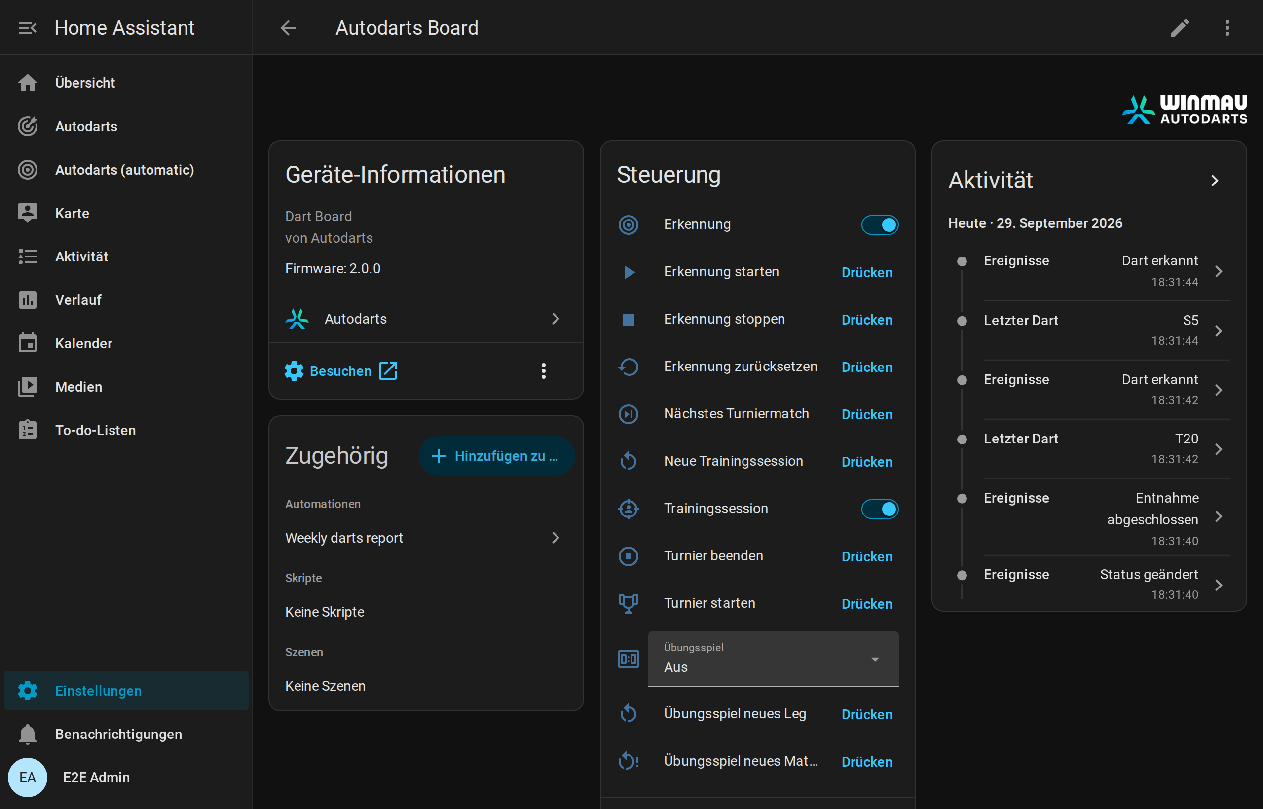Geräteseite eines Autodarts-Boards in Home Assistant
