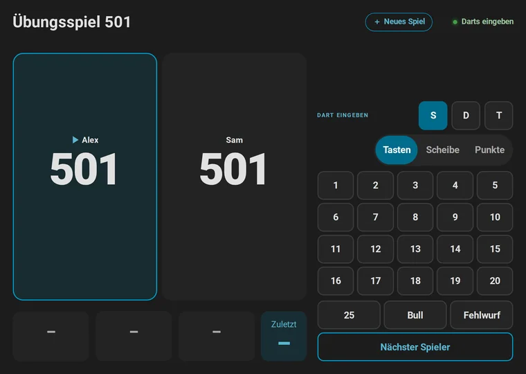 Animation: die Anzeigetafel einer Dartscheibe ohne Autodarts auf einem Tablet. Alex tippt zweimal T und 20 und dann T und 19, die Aufnahme zeigt 177 und der Status Aufnahme komplett; zwei Tipps auf Nächster Spieler geben an Sam weiter