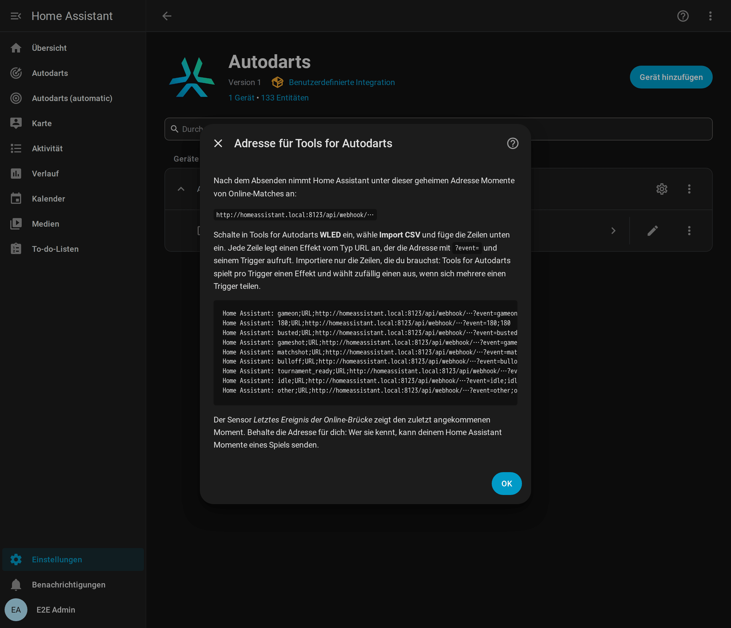 Die Optionen des Autodarts-Boards in Home Assistant: die geheime Adresse für Tools for Autodarts, hier verdeckt, und die Zeilen zum Import in dessen WLED-Einstellungen, eine für jeden Trigger