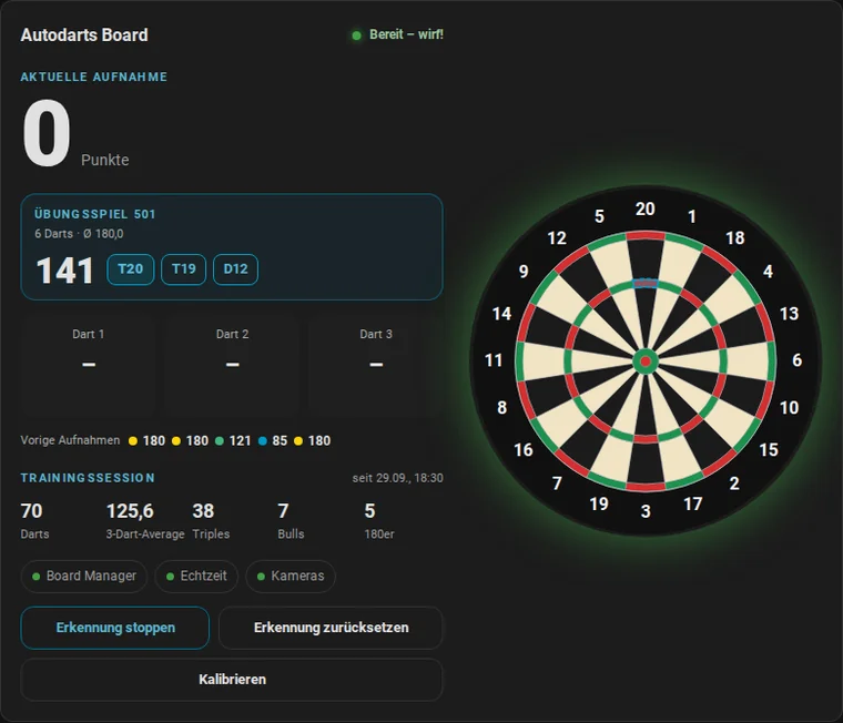 Animation: ein 141er-Checkout in einem 501-Leg. Nach jedem Dart ändern sich Rest, Weg und umrandetes Feld: T20 T19 D12, dann Game shot und ein neues Leg
