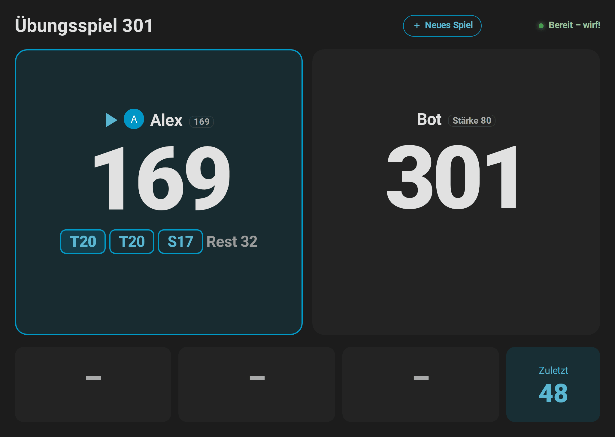 Anzeigetafel eines 301-Matches gegen den Bot: Alex spielt mit 169 Startpunkten und hat noch 169, und statt eines Checkouts zeigt die Karte T20 T20 S17 Rest 32; die Kachel des Bots heißt Bot Stärke 80