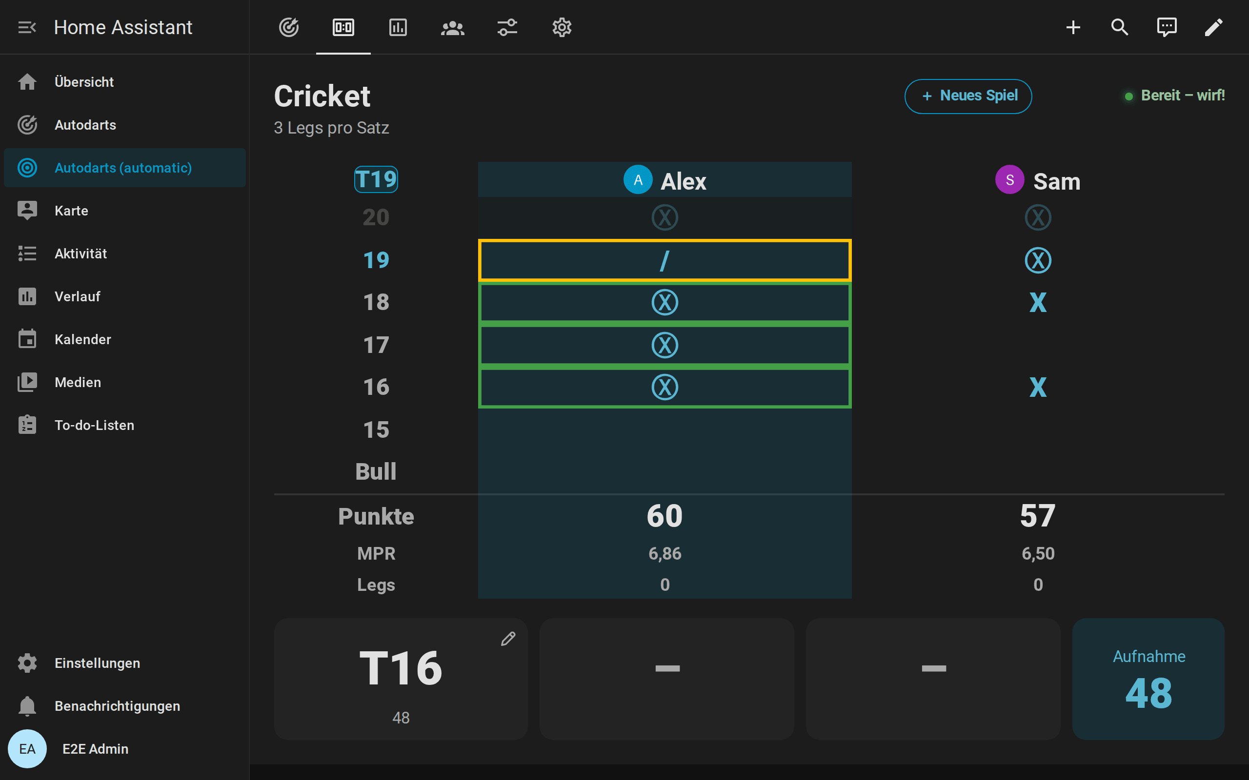 Anzeigetafel bei Cricket zwischen Alex und Sam: die Kreidetafel mit Marks, Punkten und Marks pro Runde, T19 als nächstes Ziel