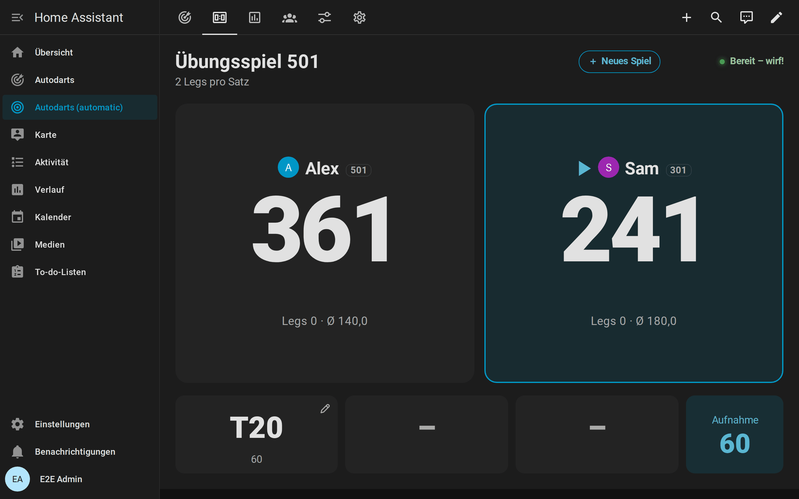 Anzeigetafel eines 501-Matches mit eigenen Startpunkten: Alex ab 501 mit Rest 361, Sam ab 301 mit Rest 241 und am Board