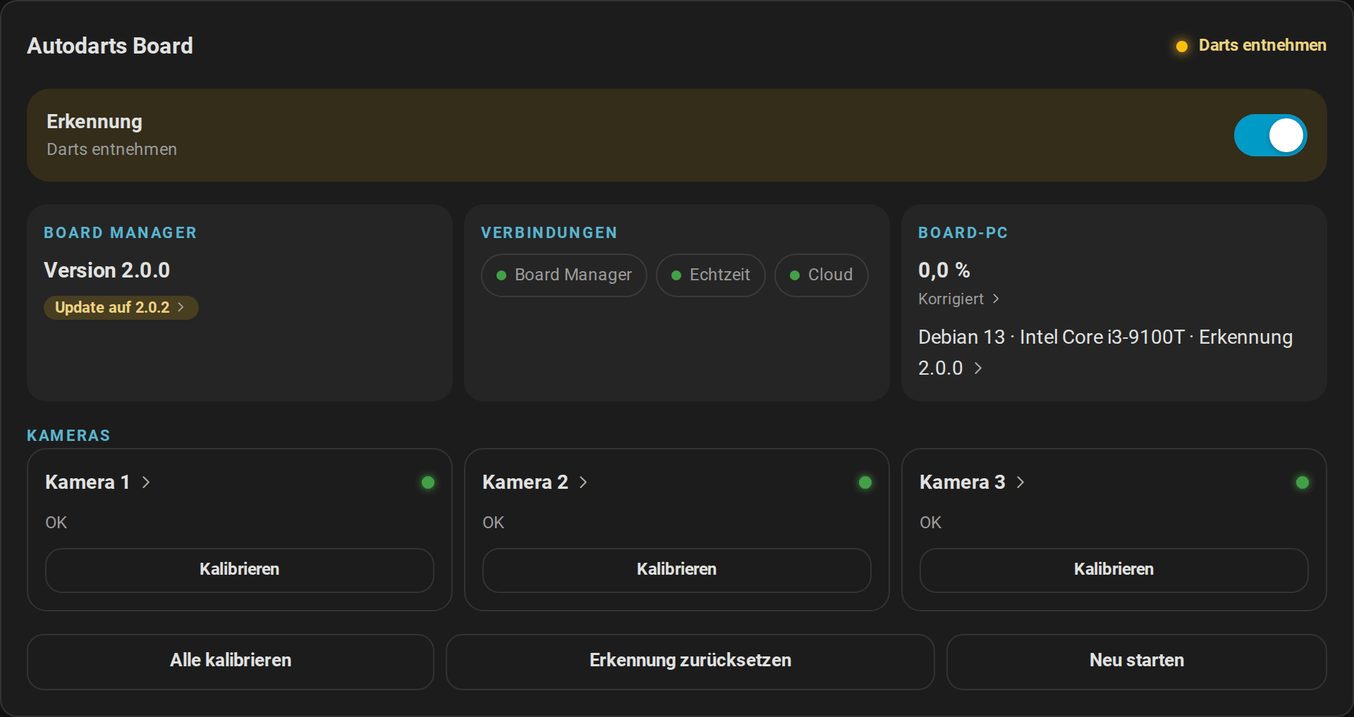 Board-Status mit Erkennungsschalter, Board-Manager-Version und Update, Verbindungen, CPU-Last, Kameras und Wartungstasten