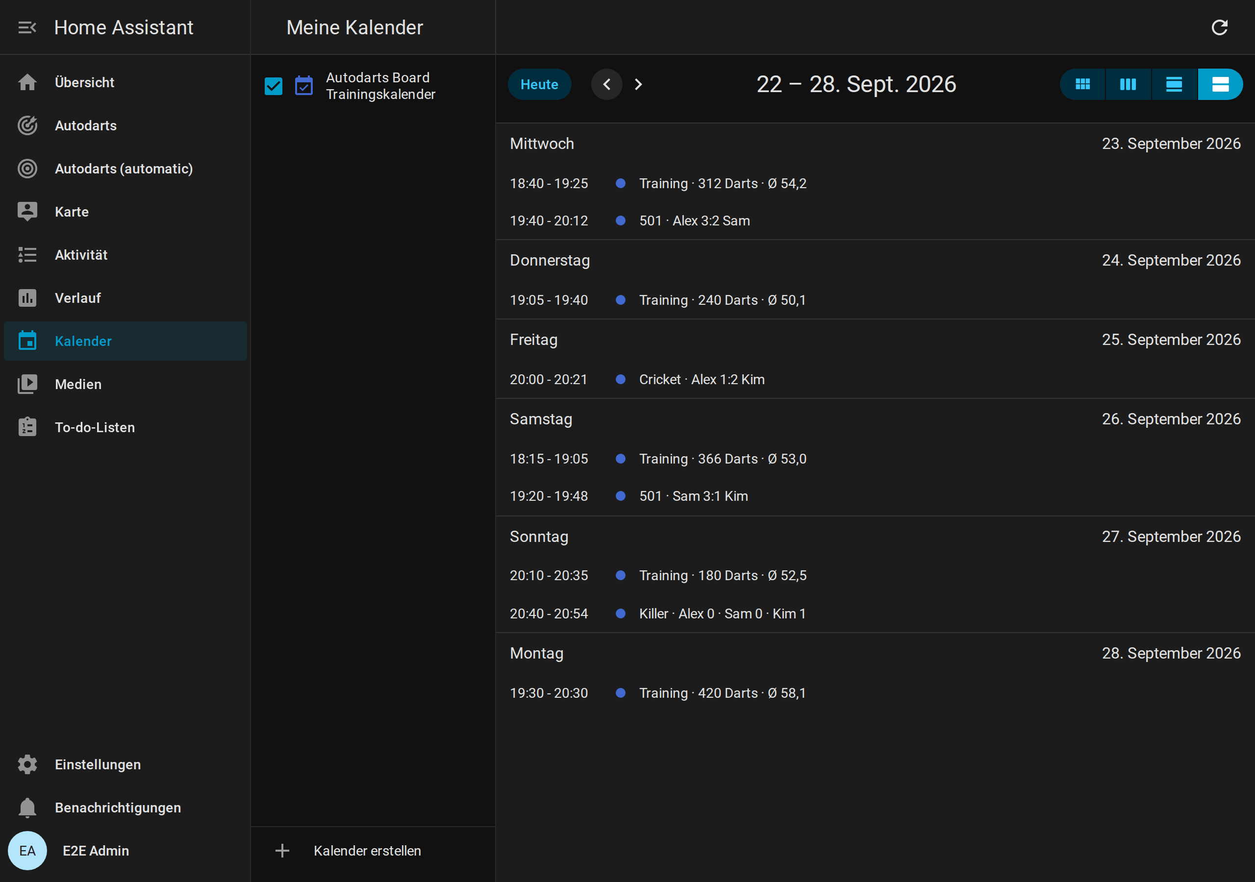 Der Kalender von Home Assistant mit einer Woche Trainingssessions und Übungsmatches von Alex, Sam und Kim