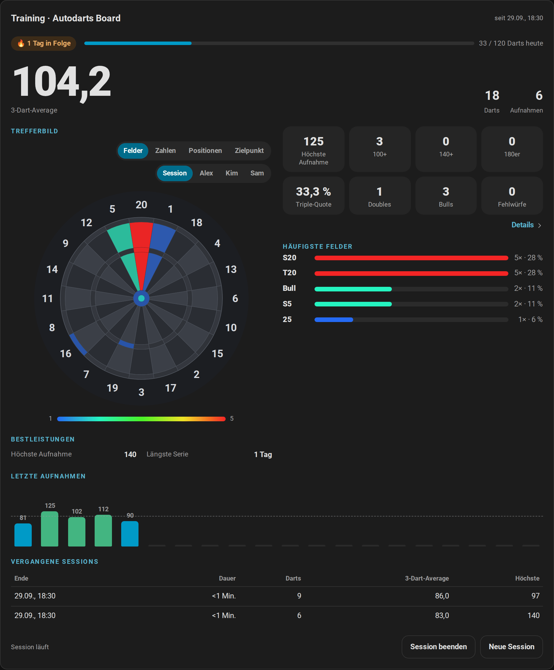 Trainingskarte mit 3-Dart-Average, Trefferbild, Statistik, häufigsten Feldern, Bestleistungen und letzten Aufnahmen