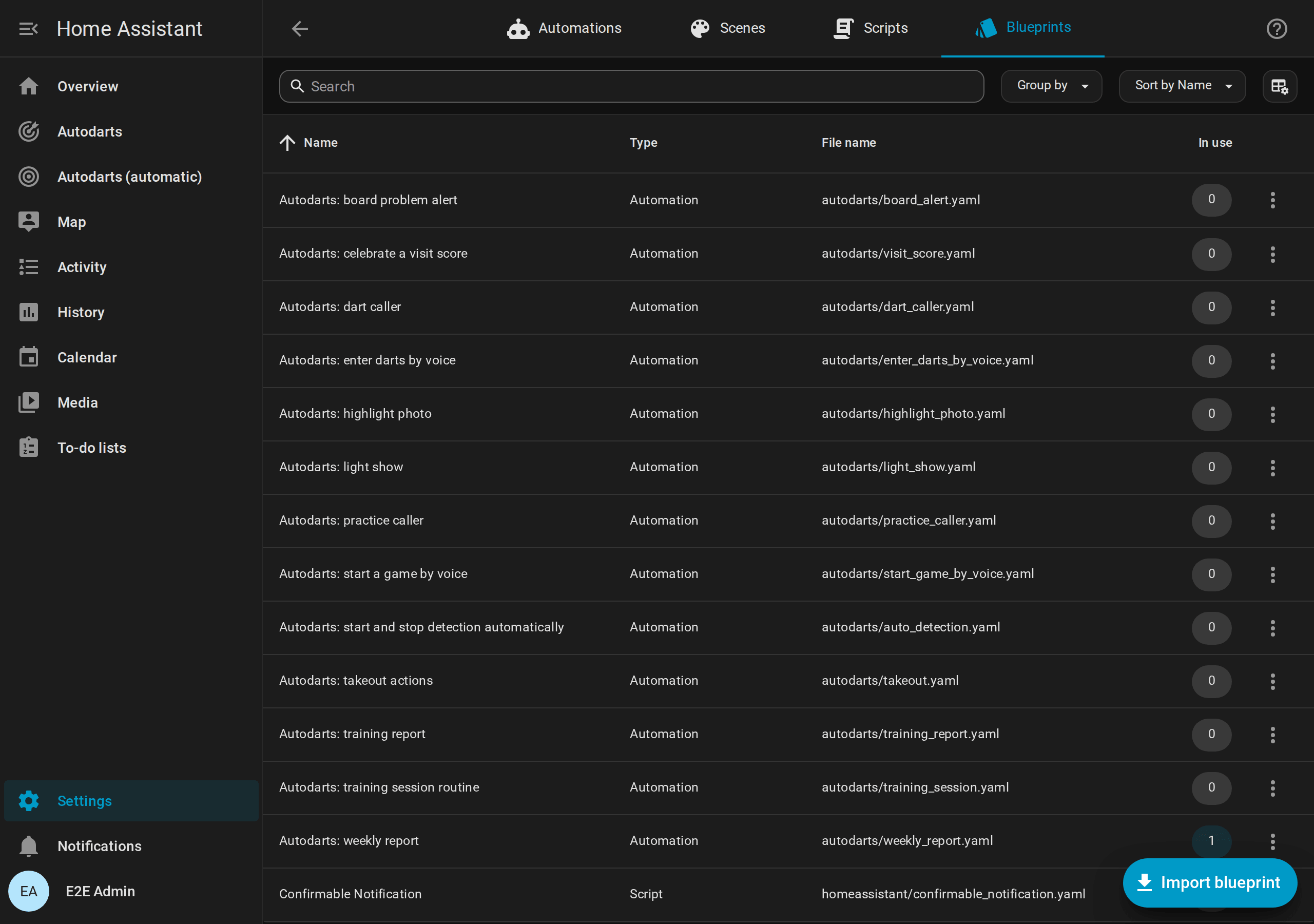 The blueprints page of Home Assistant with the thirteen Autodarts blueprints, from the board problem alert to the weekly report, and their file names