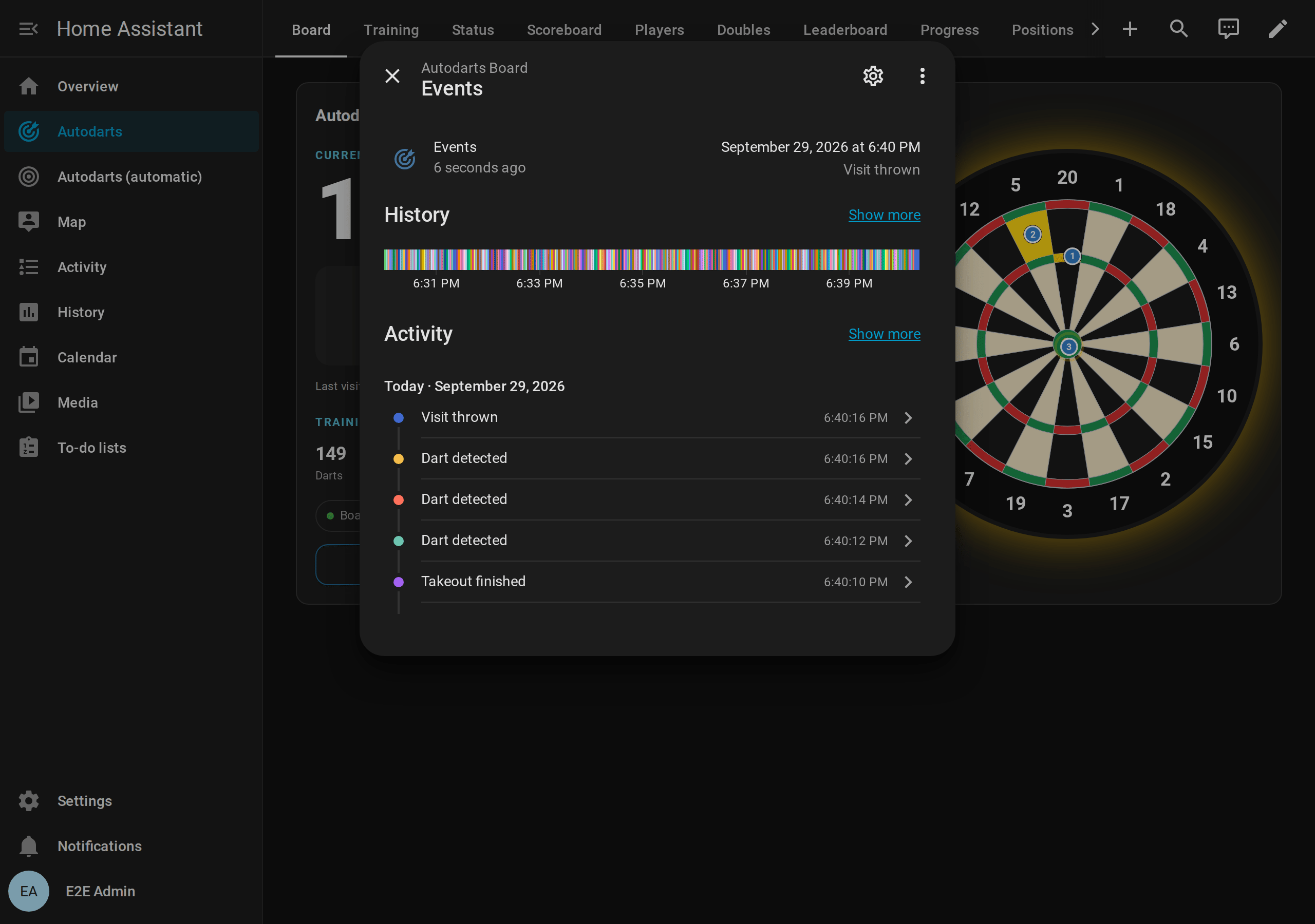 The Events entity of the board in Home Assistant: the last event Visit thrown, its history, and the activity with every dart detected, the visit and the takeout