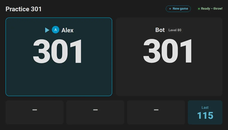 Animation: a 301 match against the bot on the scoreboard. Alex throws and pulls the darts, the bot's three darts land one by one, and Alex is at the board again