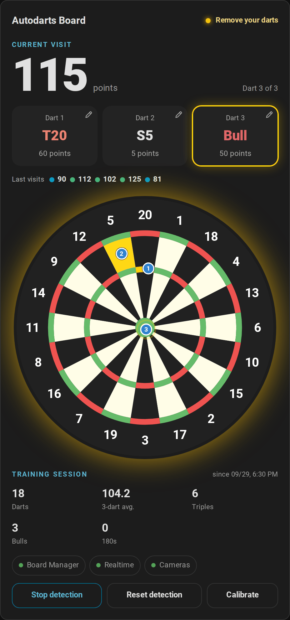 The live card in the vertical layout with the Autodarts board style: the visit of T20, S5 and Bull for 115 points above the board, the training session and the controls below it
