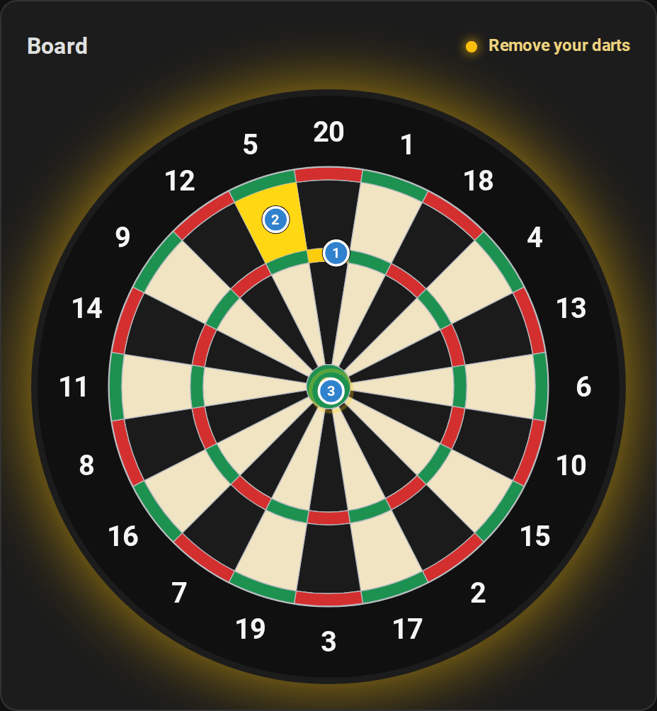 The live card in the board layout: only the board, with the three darts of the visit and the beds they hit lit up