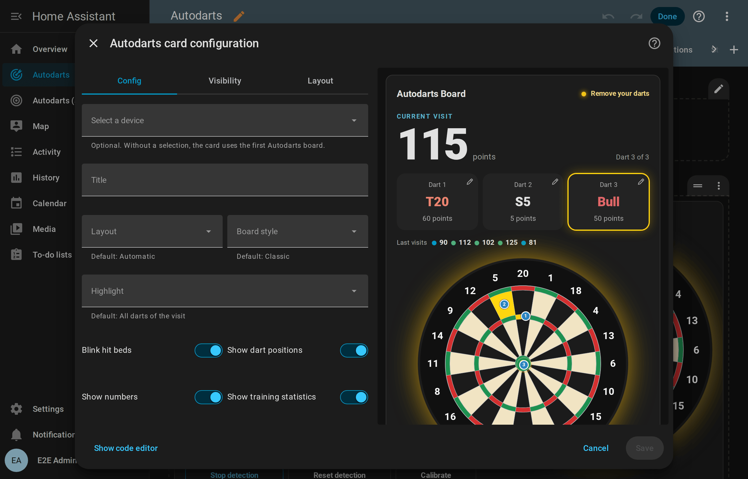The visual editor of the live card