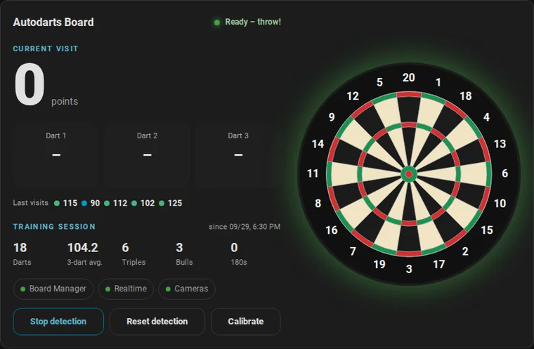 Animation: three darts land, their beds blink and the score adds up; the takeout empties the board