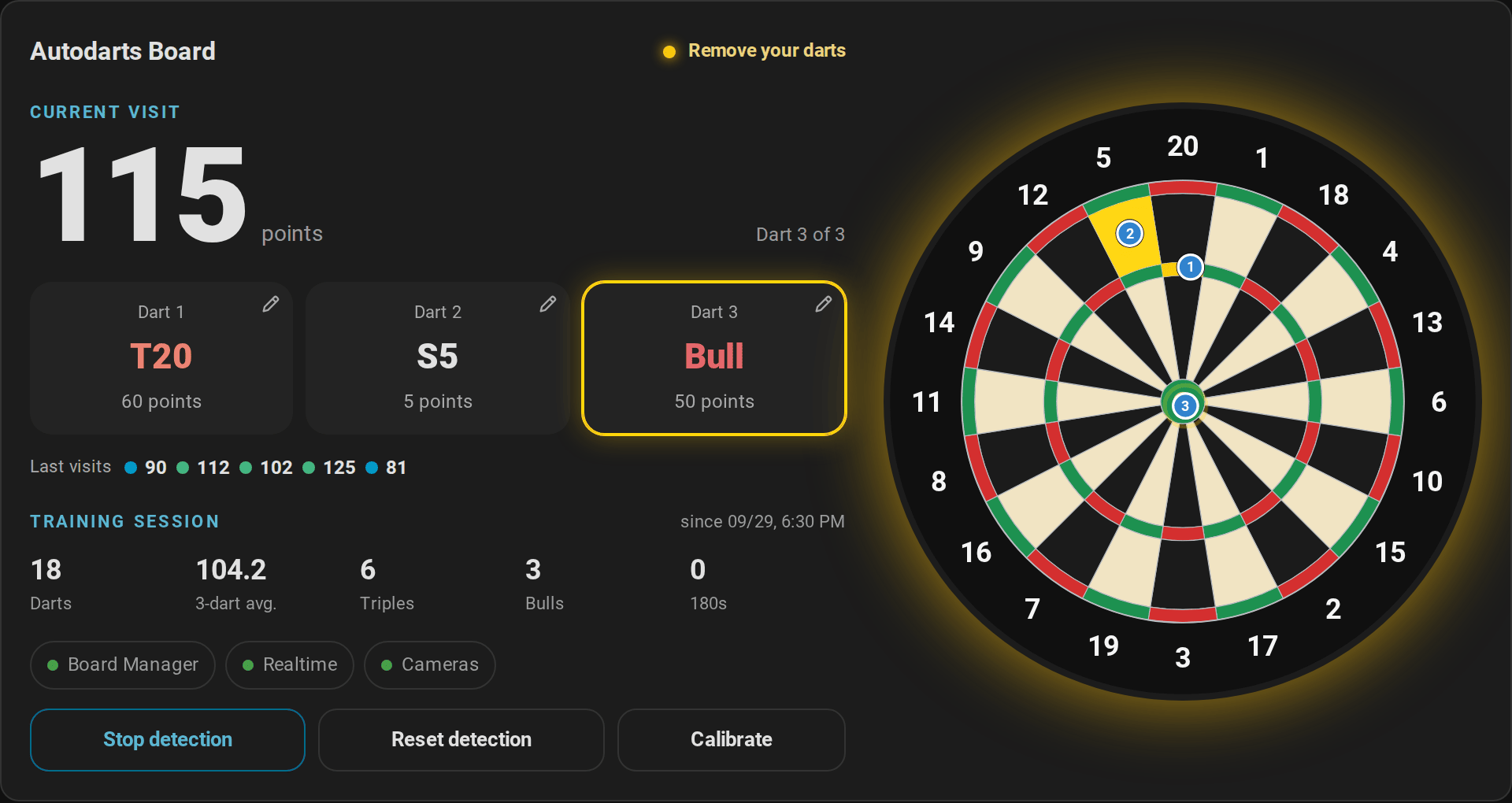 Live card with visit score, dart slots, the board with blinking beds, statistics, connection chips and controls