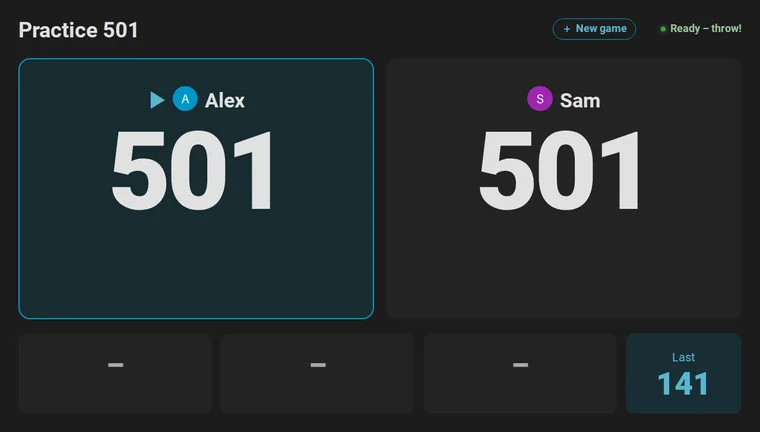 Animation: a 180 on the scoreboard. Alex throws three triple 20s, a golden glow lights up the scoreboard and confetti flies from its middle, then the scoreboard shows 321 as before