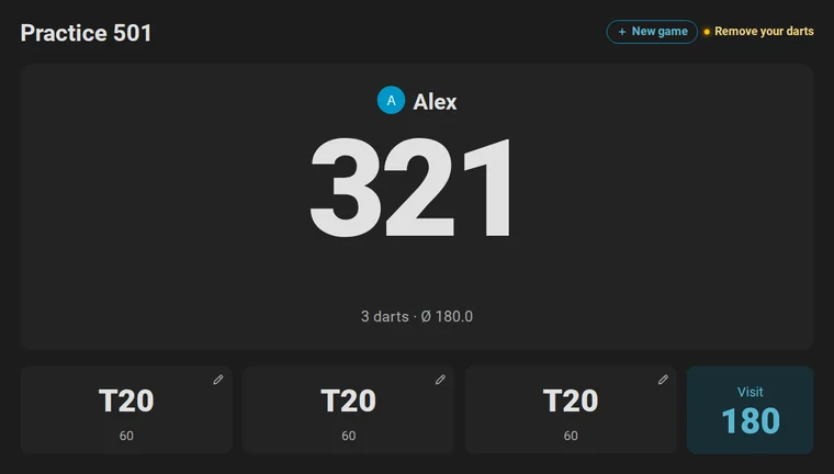 Animation: the board read the second dart as T20 for 180; a tap on it opens the pad, Board shows the board with a dashed ring where the board saw the dart, and a tap on the single 20 above it corrects the visit to 140