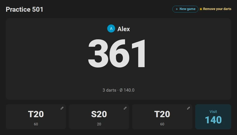 Animation: the scoreboard shows T20, S20 and T20 for 140; a tap on the second dart opens the pad, a tap on T and on 20 corrects it, and the visit reads 180