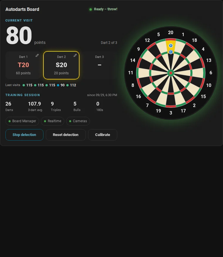 Animation: the live card shows T20 and S20 for 80; a tap on the second dart with its pencil opens the pad below the darts, a tap on T and on 20 corrects it, and the visit reads 120