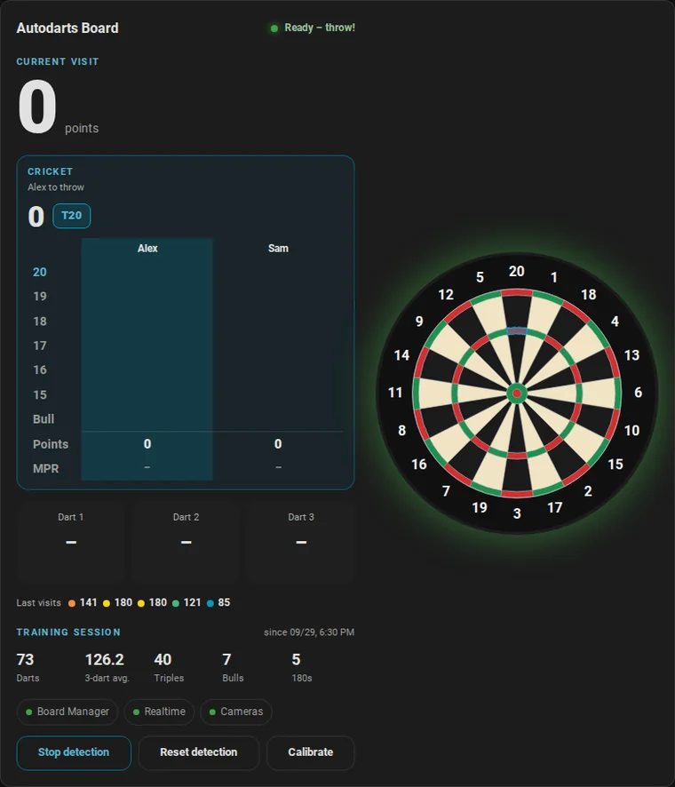 Animation: Cricket between Alex and Sam. Alex closes the 20, scores 60 and hits a 19; after the takeout Sam closes the 19, scores 57 and hits a double 18