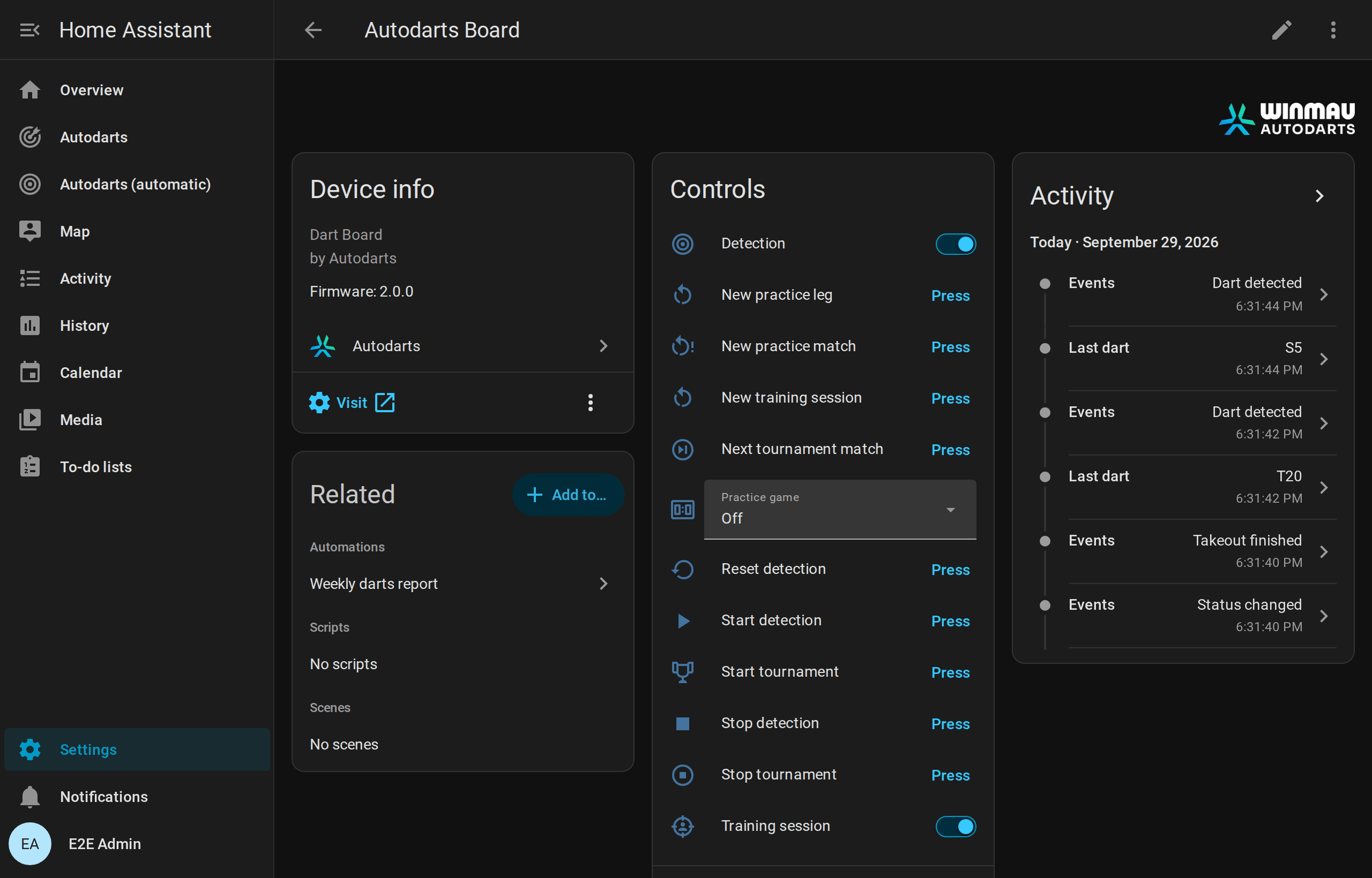 Device page of an Autodarts board in Home Assistant