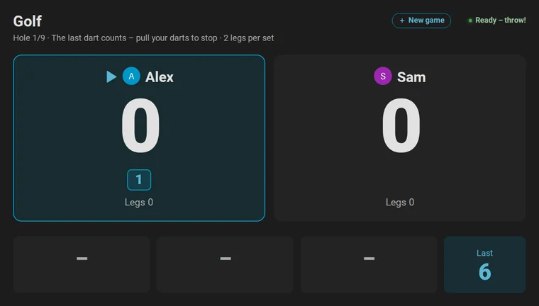 Animation: Golf for Alex and Sam on the scoreboard. After every visit the scorecard fills: Alex plays 1, 3 and 2, Sam 4, 5 and 5, and the fourth hole is under way