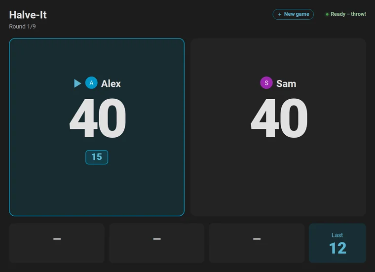 Animation: Halve-It for Alex and Sam on the scoreboard. Sam misses the 15 and falls from 40 to 20 points, catches up on the 16, and misses any double in the third round: 116 points become 58