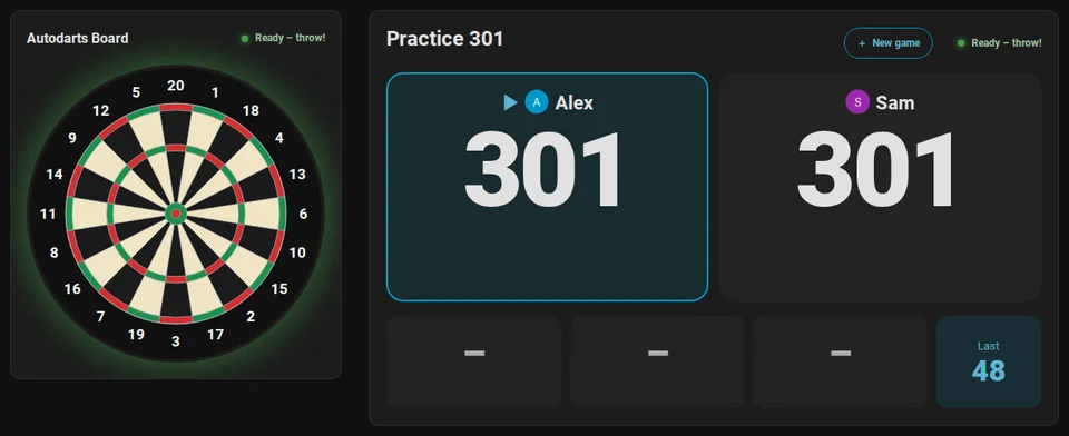 Animation: a 301 match on the live card and the scoreboard side by side. Alex throws three triple 20s, Sam scores 85, and Alex checks out 121 for the game shot