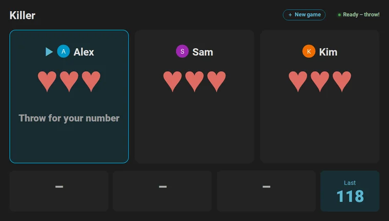 Animation: Killer for Alex, Sam and Kim on the scoreboard. Everybody throws for a number, Alex becomes a killer and takes Sam's lives, Kim becomes a killer too, and Alex takes the last life to win