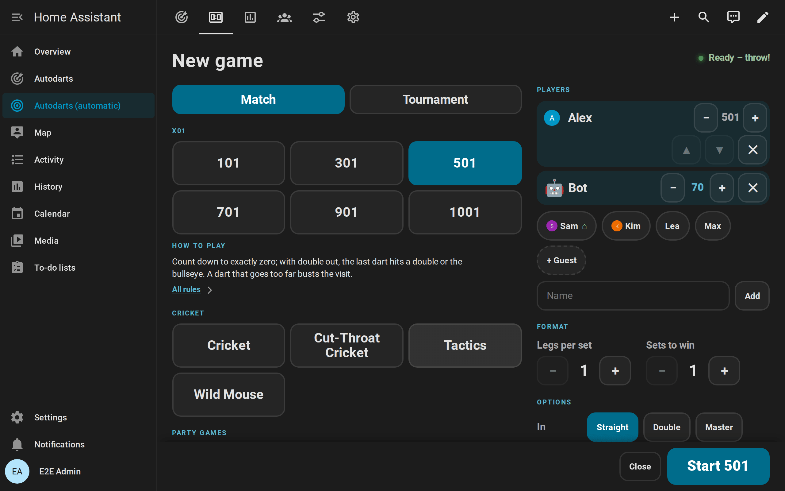 The new game screen with 501 chosen: Alex and the bot at level 70 with − and + to change it