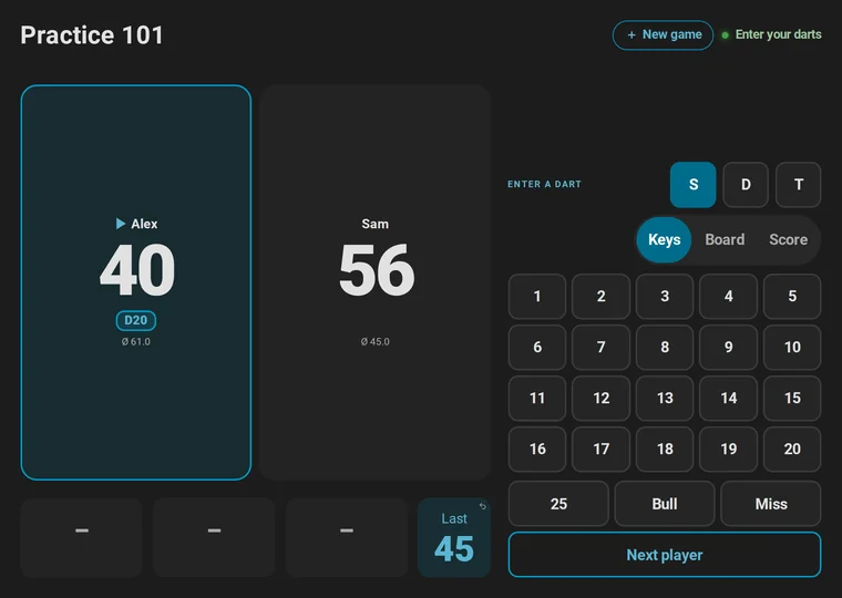 Animation: the scoreboard of a dartboard without Autodarts in a 101 leg; Alex has 40 left, taps Score, 4, 0 and OK; the keypad asks for the darts of the checkout, 2, and for the darts at a double, 1; Alex wins the match against Sam, and the match summary counts the checkout and one dart at a double