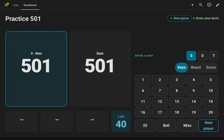 Animation: the scoreboard of a dartboard without Autodarts with Assist open on top; Alex has 140, Triple 20 and Single bull are typed to Assist, which answers 140 for Alex, 361 left. Sam, you require 501, then Triple 20, 441 left, and 25, 416 left; the dialog closes on Alex at 361 and Sam at 416 with Triple 20 and 25 in his visit