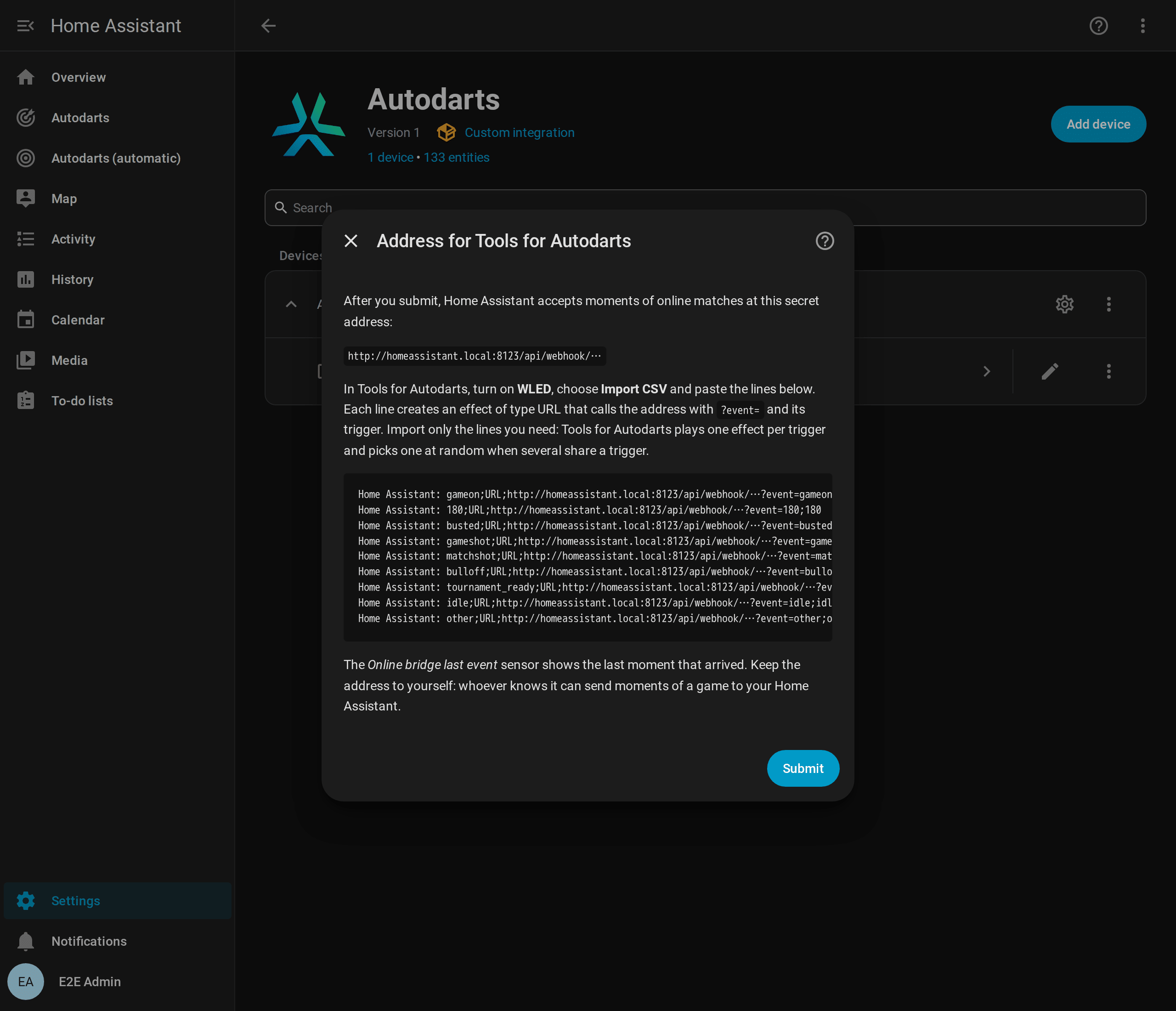 The options of the Autodarts board in Home Assistant: the secret address for Tools for Autodarts, here masked, and the lines to import into its WLED settings, one for every trigger
