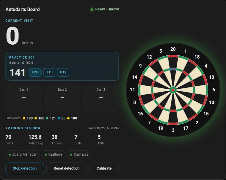 Animation: a 141 checkout in a 501 leg. After each dart the remaining score, the route and the outlined bed change: T20 T19 D12, then game shot and a new leg