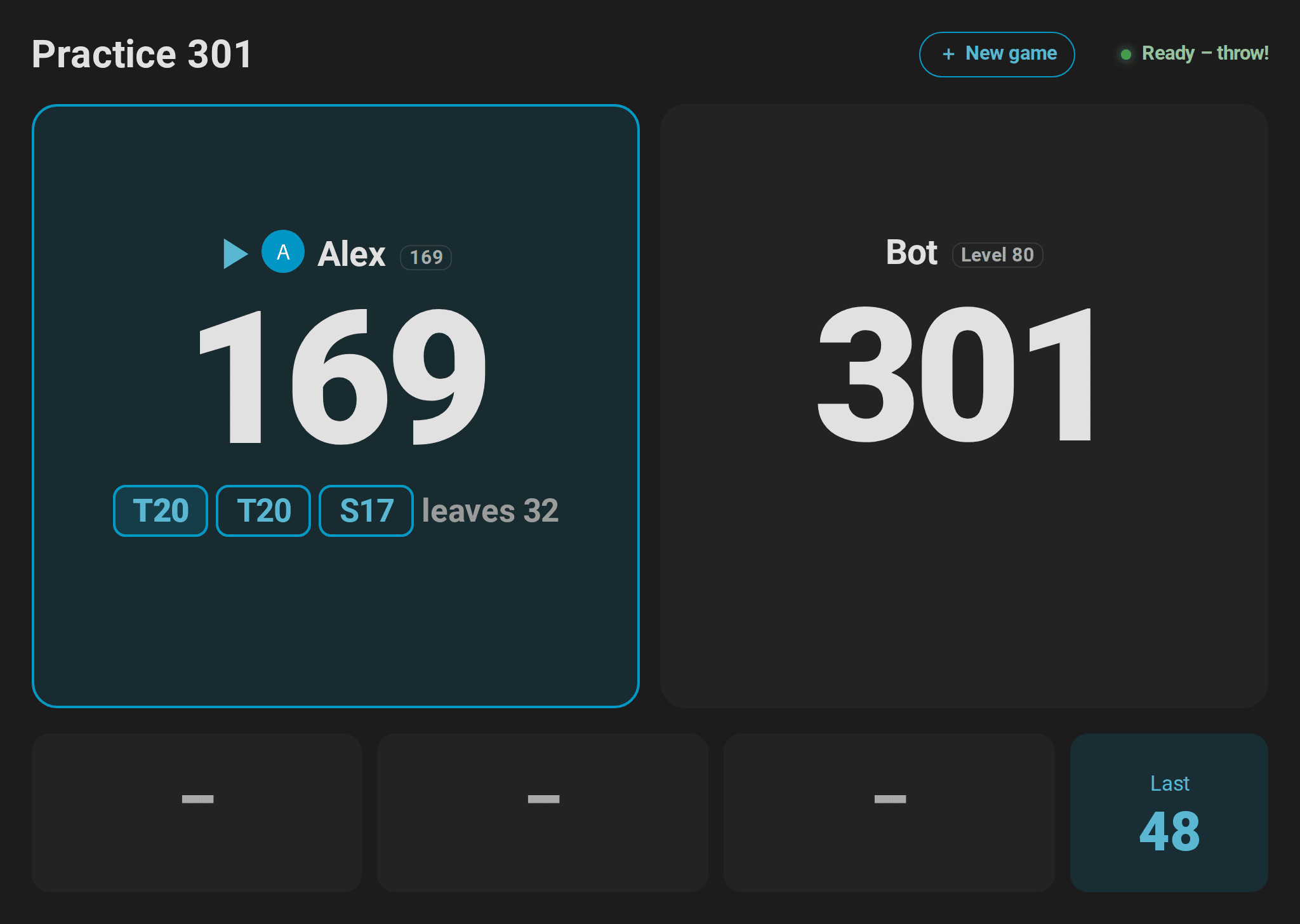 Scoreboard of a 301 match against the bot: Alex, who plays from a start score of 169, has 169 left, and instead of a checkout the card shows T20 T20 S17 leaves 32; the bot's tile reads Bot Level 80