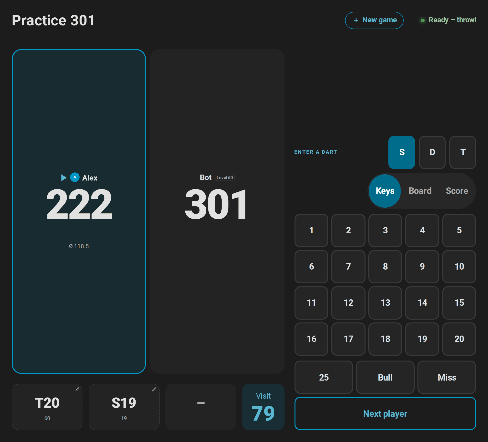 The scoreboard with the keypad: Alex has entered T20 and S19 by hand, marked with dashed frames; below, S, D and T, the numbers 1 to 20, 25, Bull, Miss and Next player