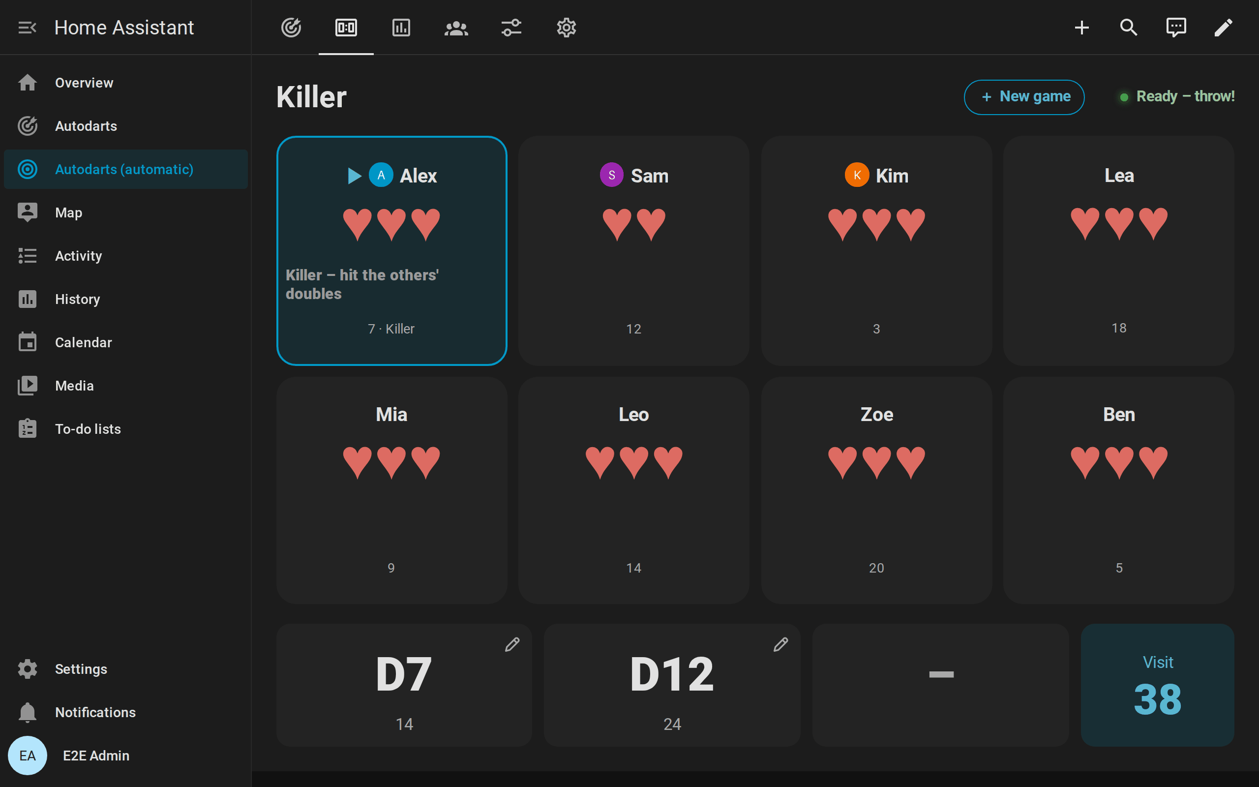 Scoreboard in Killer for a party of eight, Alex to Ben, in two rows of four tiles: Alex at the board as a killer, Sam with two lives left