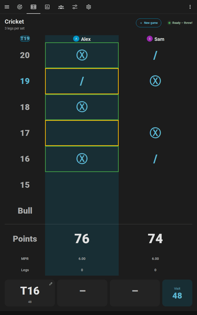 The scoreboard on a portrait tablet: the Cricket chalkboard of Alex and Sam with T19 as the next target and the current visit along the bottom