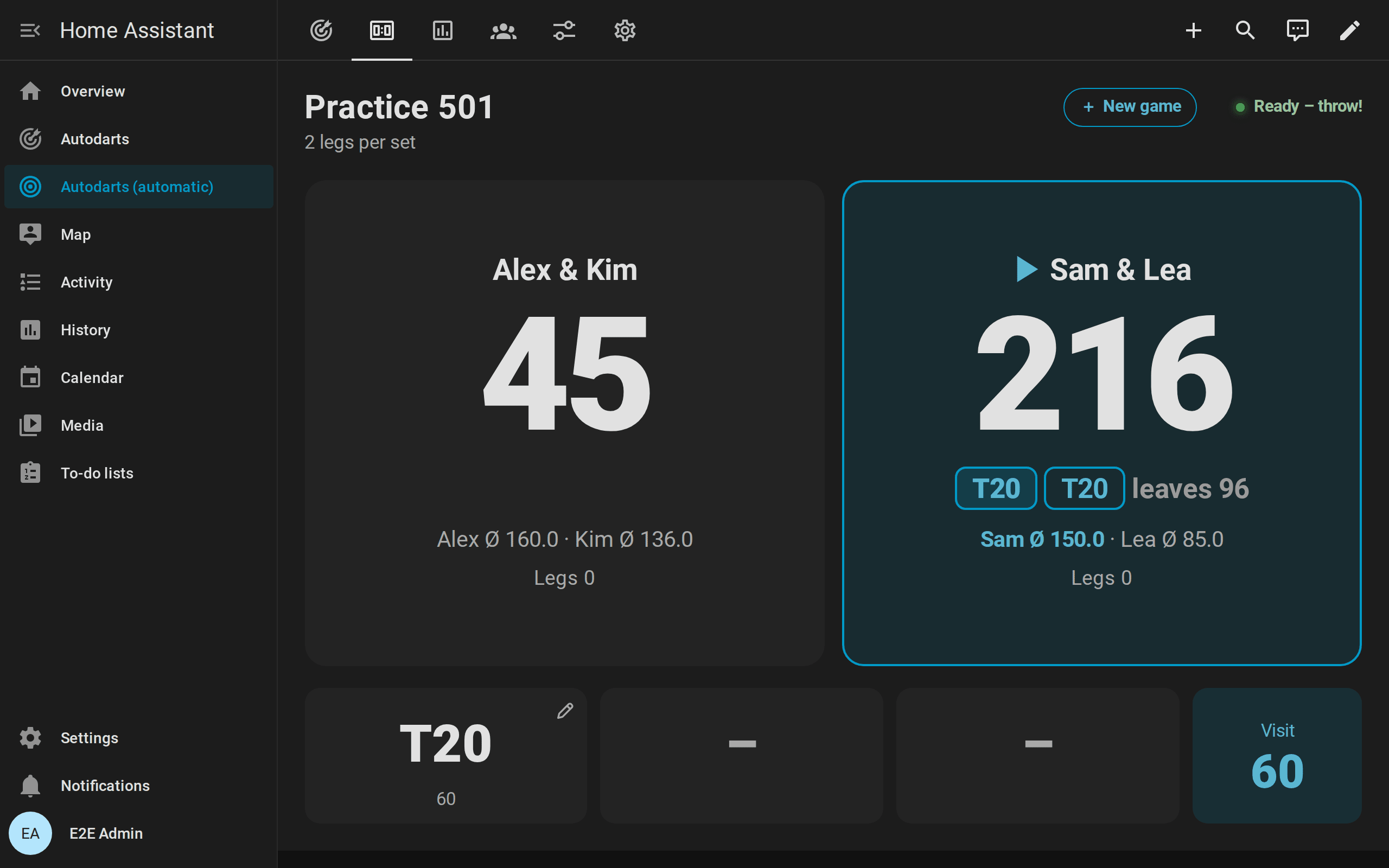 Scoreboard of a 501 team match: Alex and Kim with 45 left against Sam and Lea with 216, Sam at the board in bold with his average