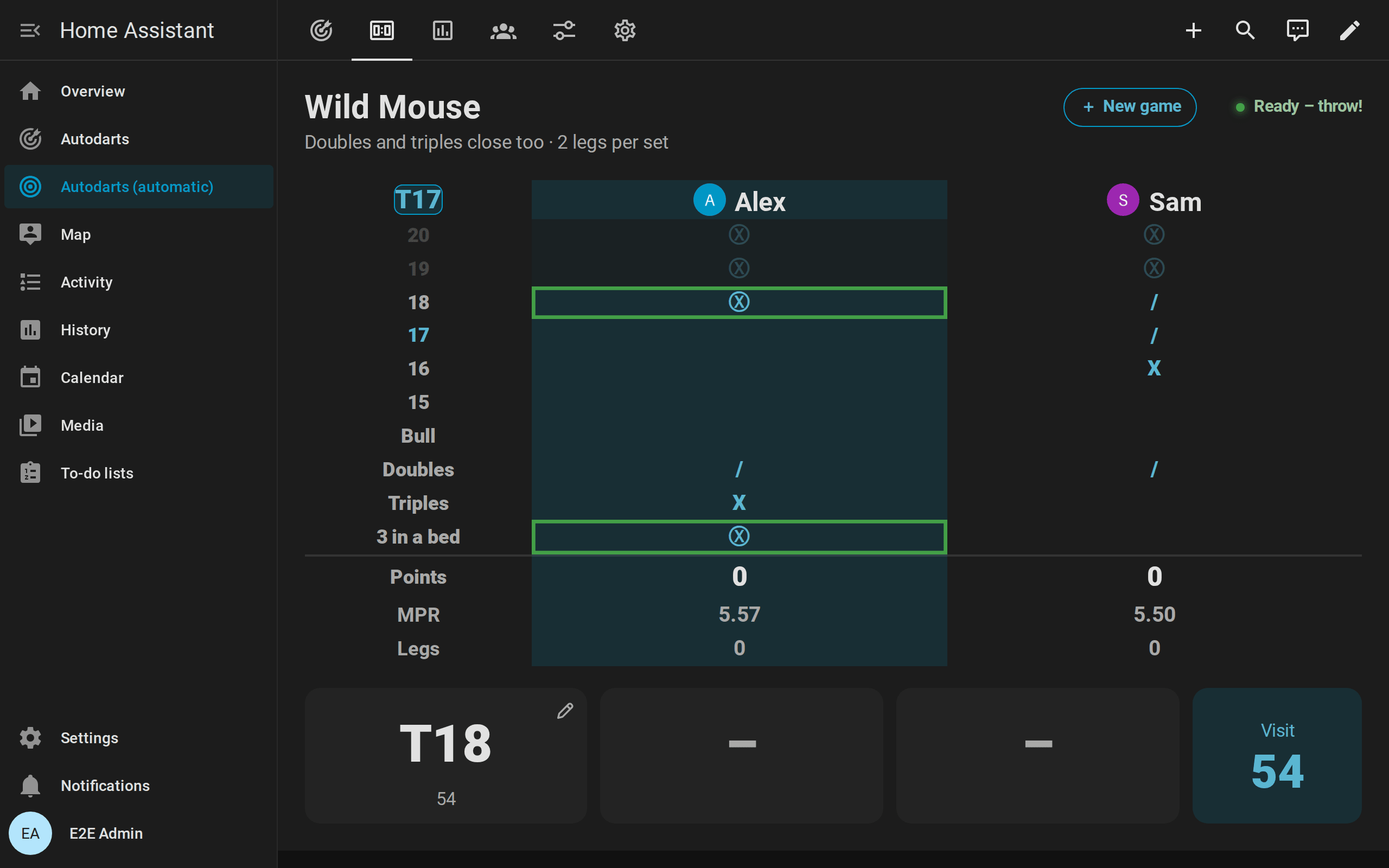 Scoreboard in Wild Mouse between Alex and Sam: the chalkboard with 20 to 15, the bull, Doubles, Triples and 3 in a bed; Alex at the board, with green frames on 18 and 3 in a bed, where a dart scores while Sam still needs them, and T17 as the next target