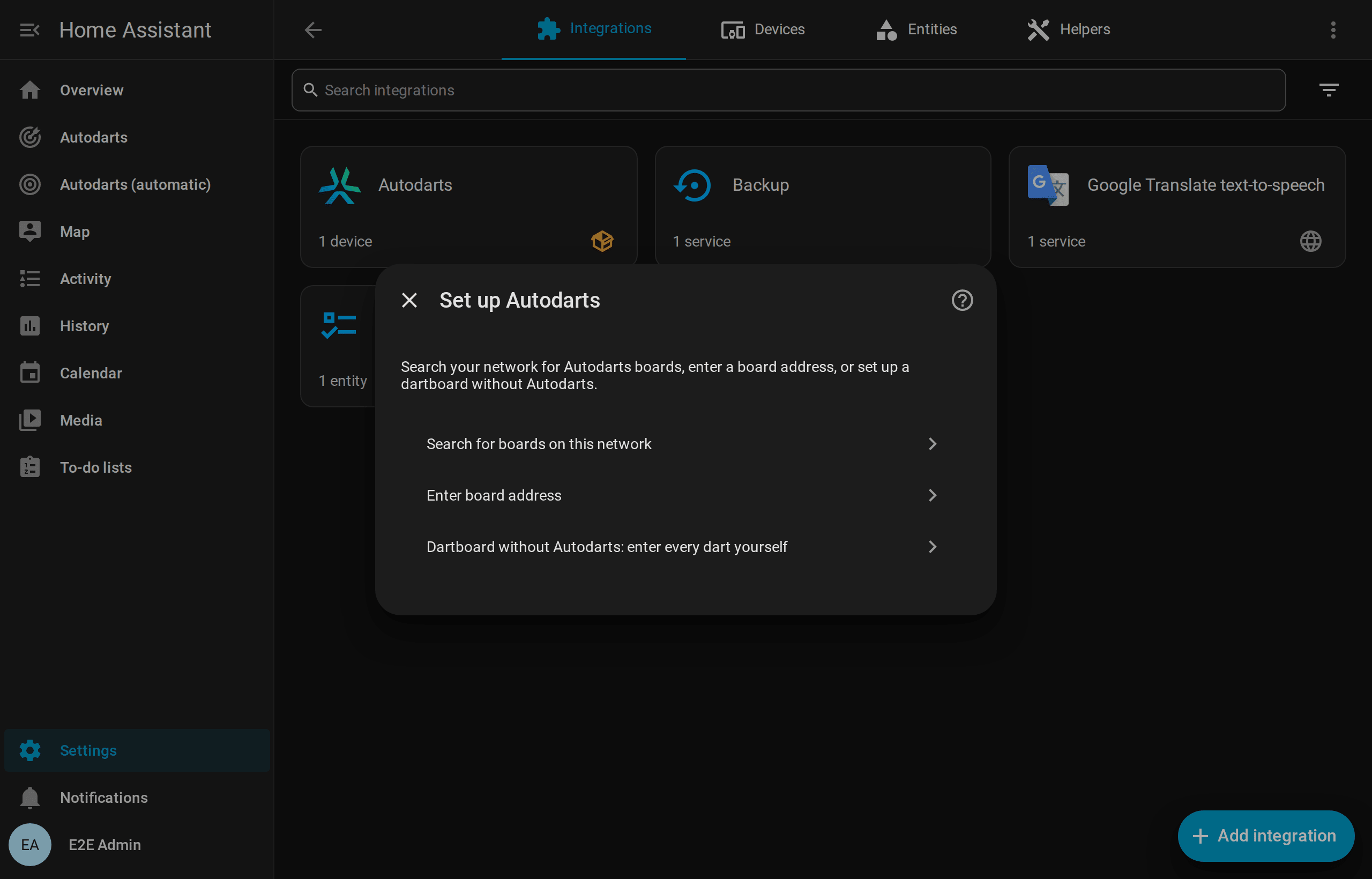 The Autodarts setup menu: search for boards on this network, enter a board address, or a dartboard without Autodarts