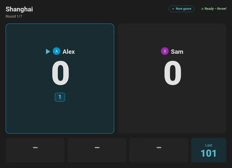 Animation: Shanghai for Alex and Sam on the scoreboard. Both score on the 1 and the 2, then Sam hits single, double and triple 2 in one visit and wins at once