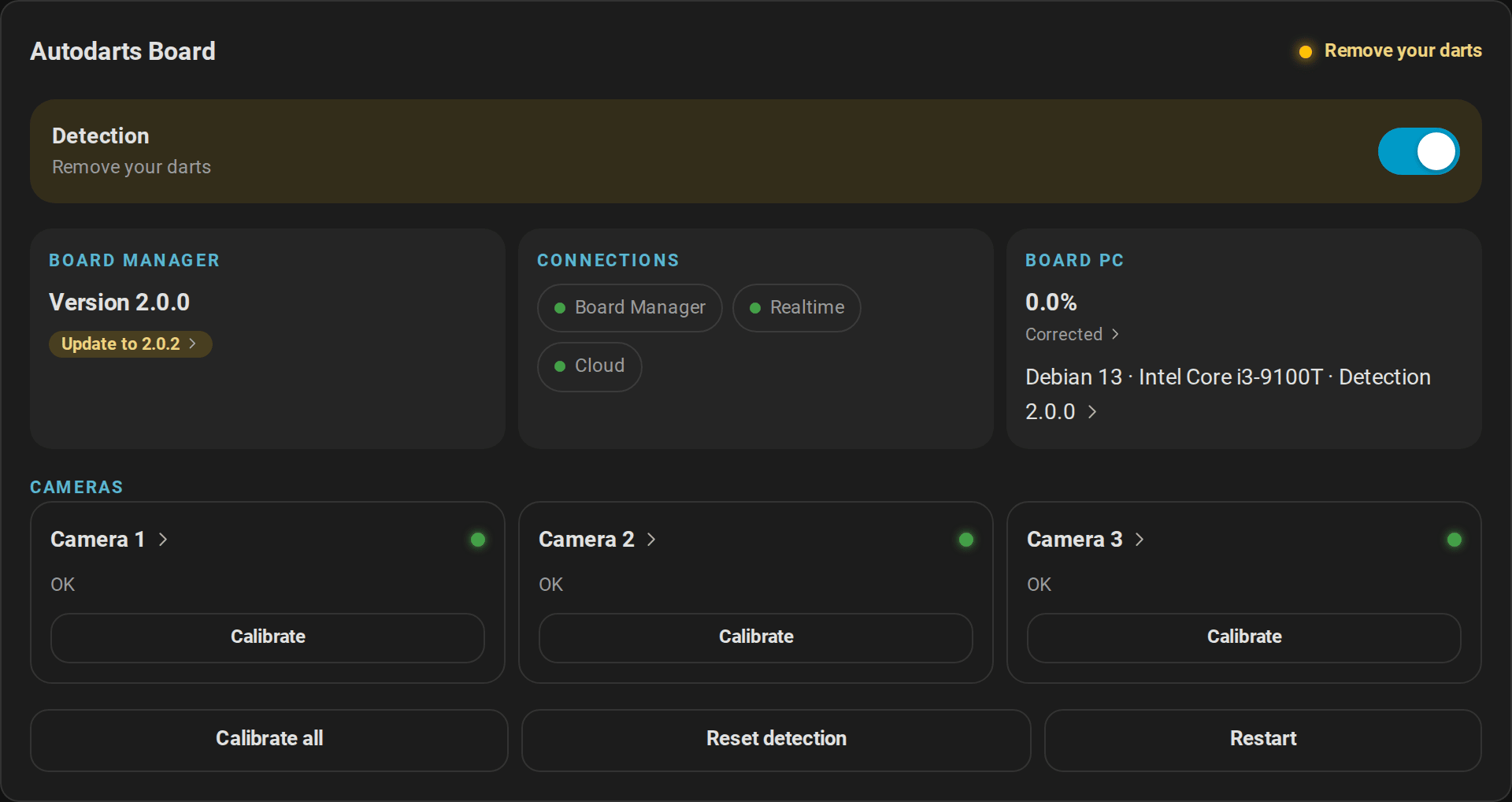Board status card with detection switch, Board Manager version and update, connections, CPU load, cameras and maintenance buttons